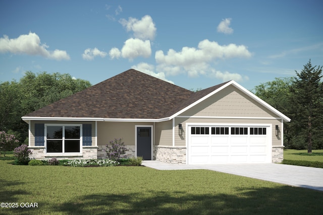 view of front of property with stone siding, a shingled roof, concrete driveway, an attached garage, and a front yard