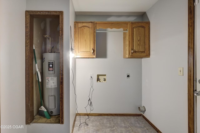 washroom with washer hookup, water heater, light tile patterned floors, baseboards, and hookup for an electric dryer