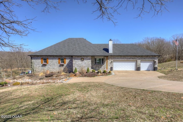 view of front facade with driveway, an attached garage, a shingled roof, a chimney, and a front lawn