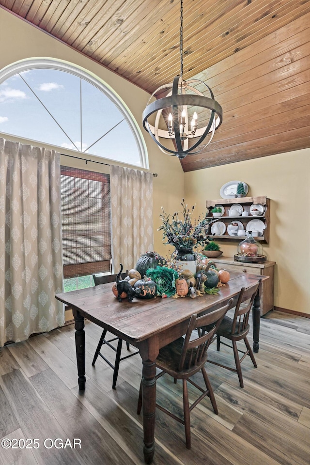 dining area featuring baseboards, wood ceiling, lofted ceiling, an inviting chandelier, and wood finished floors