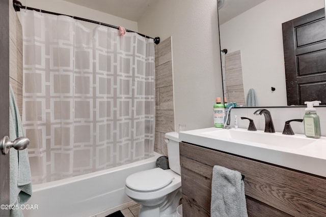 bathroom with toilet, vanity, and shower / bath combination with curtain