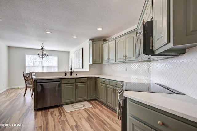 kitchen featuring light wood finished floors, electric range, gray cabinets, a sink, and stainless steel dishwasher