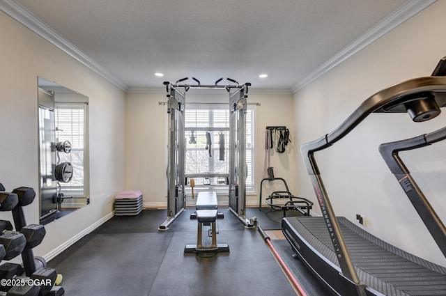 workout area featuring a healthy amount of sunlight, baseboards, and ornamental molding