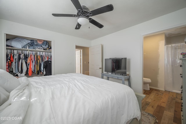 bedroom featuring a ceiling fan, wood finished floors, a closet, and ensuite bathroom