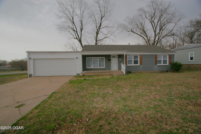 single story home featuring concrete driveway, crawl space, a garage, and a front lawn