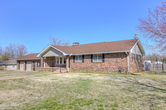 ranch-style home with a front lawn, fence, a chimney, crawl space, and an attached garage