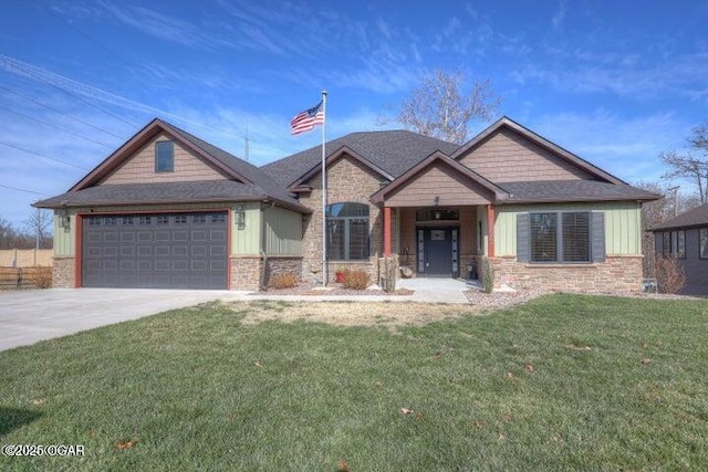 craftsman house featuring a garage, stone siding, driveway, and a front yard