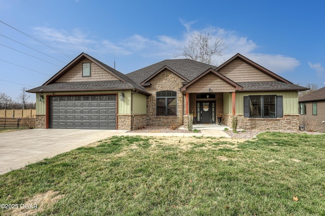 craftsman-style home with stone siding, an attached garage, concrete driveway, a front yard, and a shingled roof