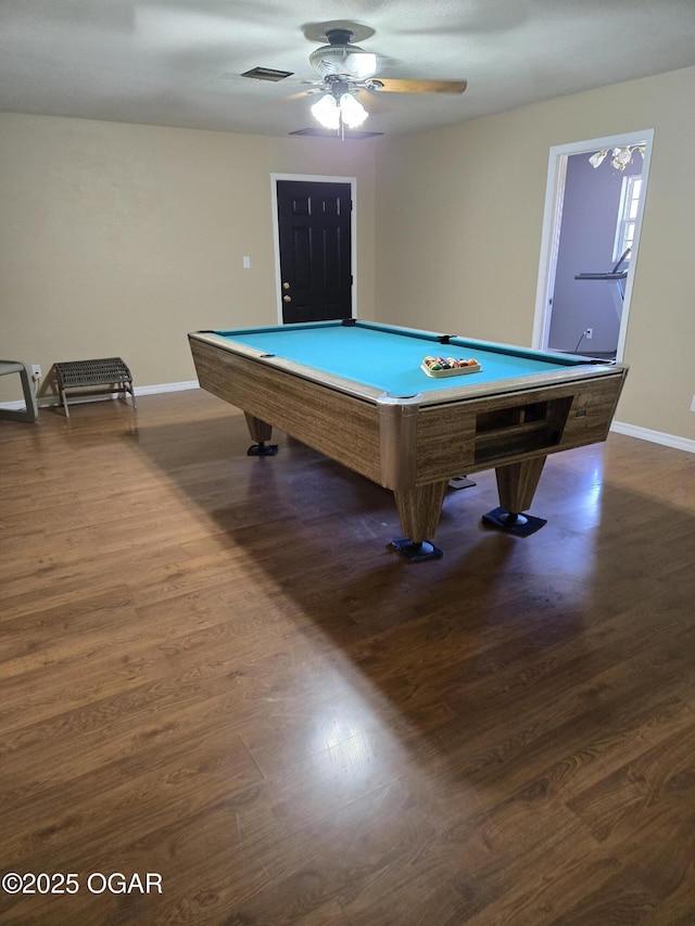 rec room with billiards, dark wood-style floors, visible vents, baseboards, and ceiling fan