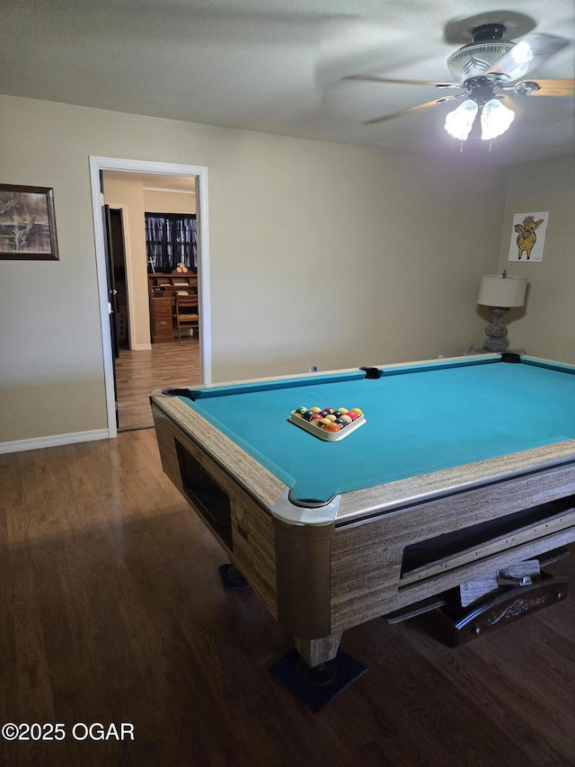 playroom featuring billiards, wood finished floors, baseboards, and ceiling fan