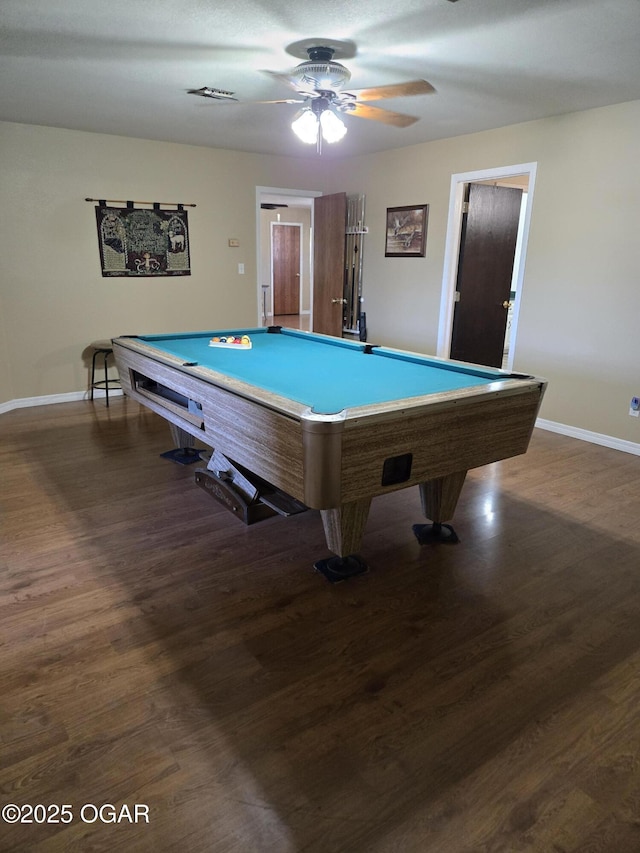 playroom featuring baseboards, pool table, dark wood-style flooring, and a ceiling fan