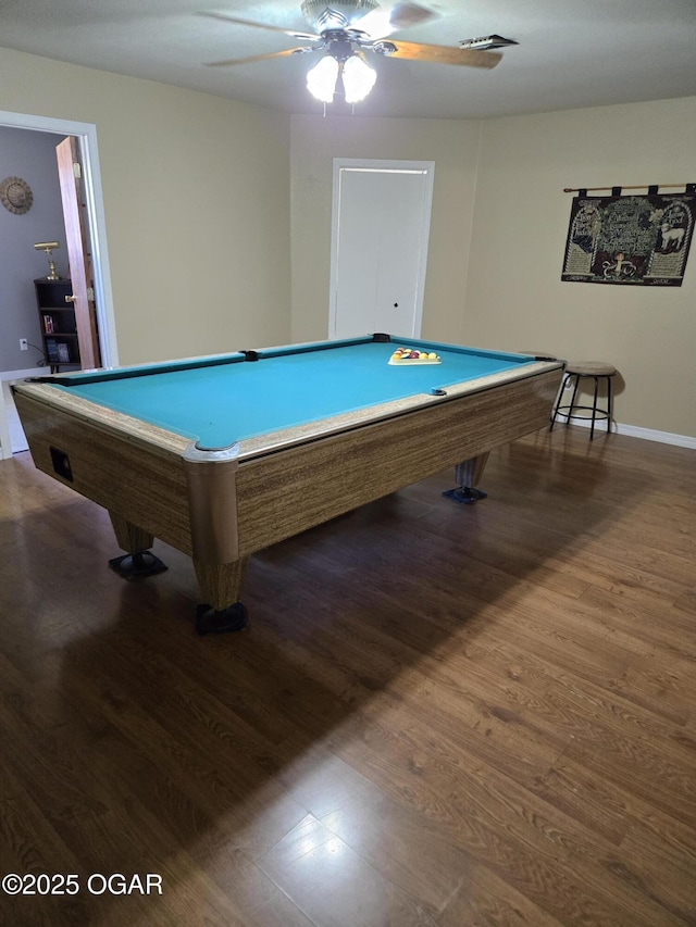 rec room featuring baseboards, wood finished floors, ceiling fan, and billiards