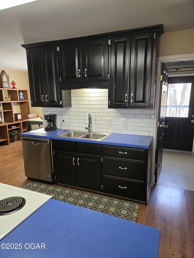 kitchen with a sink, wood finished floors, dark cabinetry, and stainless steel dishwasher