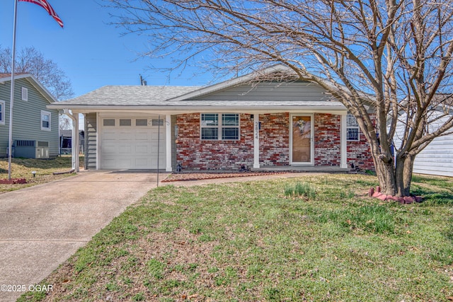 ranch-style house featuring brick siding, a shingled roof, concrete driveway, a front yard, and a garage