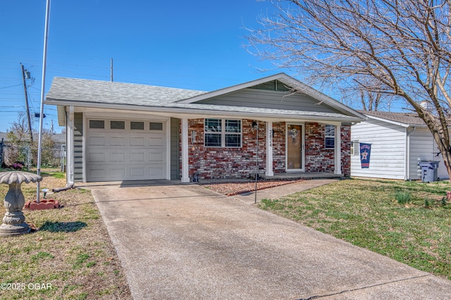 ranch-style home with brick siding, concrete driveway, a front yard, roof with shingles, and an attached garage