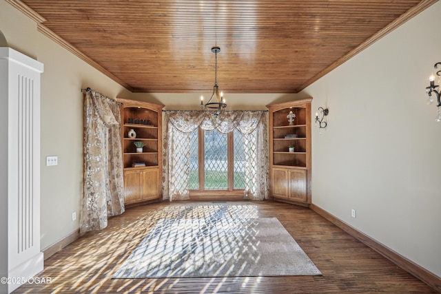 unfurnished dining area featuring an inviting chandelier, wooden ceiling, and crown molding