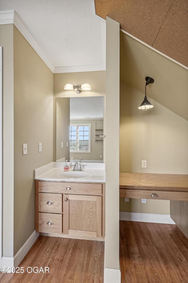 bathroom featuring vanity, wood finished floors, baseboards, and ornamental molding