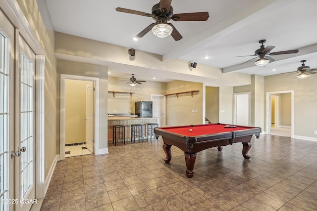 recreation room with baseboards, beam ceiling, ceiling fan, and billiards