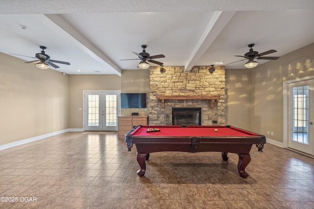 recreation room featuring beamed ceiling, baseboards, billiards, and french doors