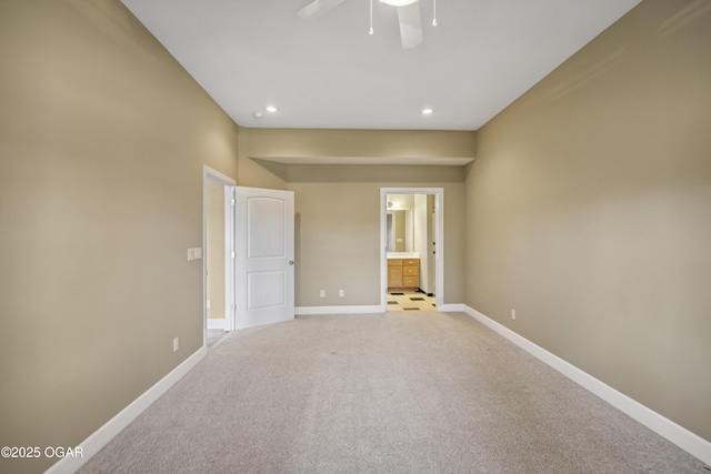 unfurnished room featuring recessed lighting, baseboards, light colored carpet, and a ceiling fan