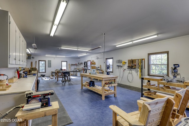 misc room featuring a workshop area, electric panel, and a wealth of natural light