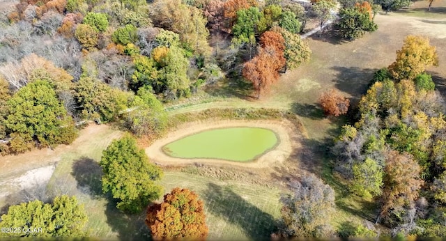 bird's eye view with a view of trees and a water view