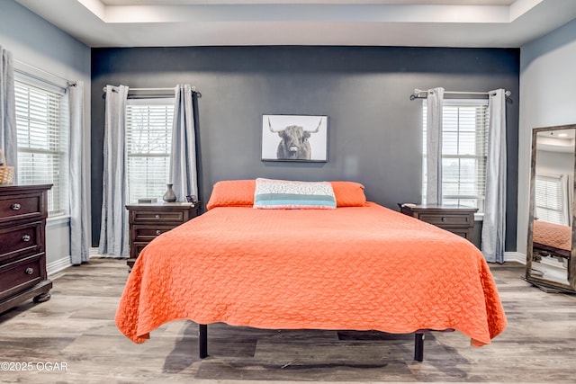 bedroom featuring a tray ceiling, wood finished floors, and baseboards