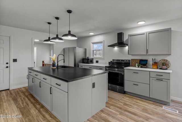 9426 Business 60, Monett, MO 65708 - kitchen with a sink, light wood-style flooring, stainless steel appliances, and wall chimney exhaust hood