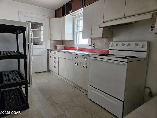 906 Randolph St, Neosho, MO 64850 - kitchen with white electric stove, under cabinet range hood, a sink, backsplash, and freestanding refrigerator