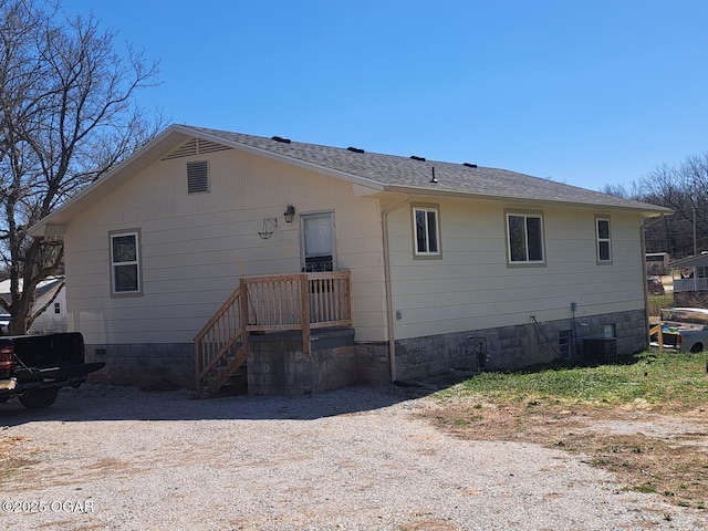 514 S Cole, Granby, MO 64844 - rear view of house featuring central AC unit, crawl space, and a shingled roof