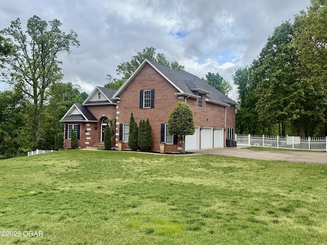 view of front of house with brick siding, concrete driveway, an attached garage, and central air condition unit
