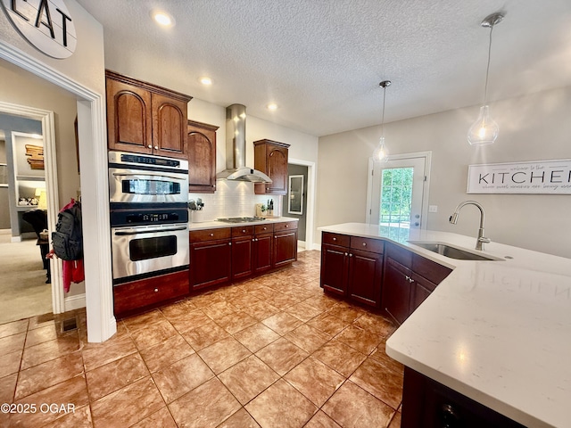 1911 Sherry Lea Dr, Neosho, MO 64850 - kitchen with wall chimney exhaust hood, a sink, stainless steel appliances, tasteful backsplash, and a textured ceiling