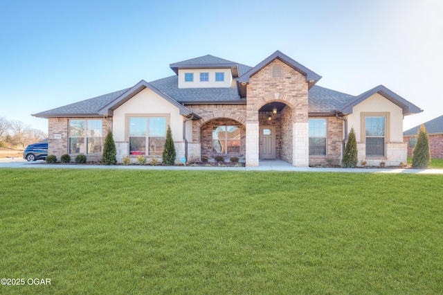 view of front facade featuring stucco siding, a front lawn, and stone siding