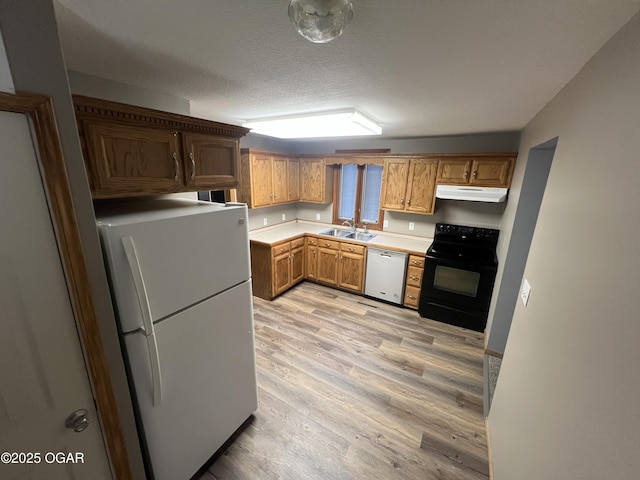 119 W Park St, Pittsburg, KS 66762 - kitchen featuring light wood finished floors, under cabinet range hood, light countertops, a sink, and white appliances