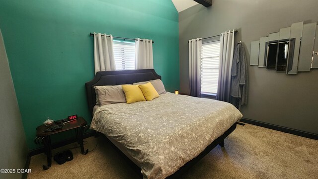 carpeted bedroom with vaulted ceiling