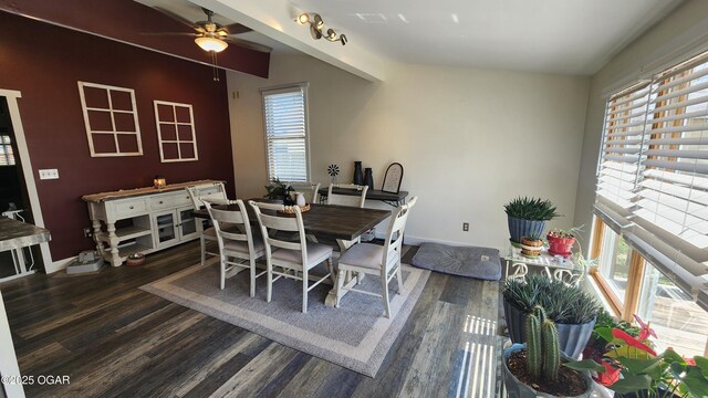 dining area featuring baseboards, ceiling fan, and wood finished floors