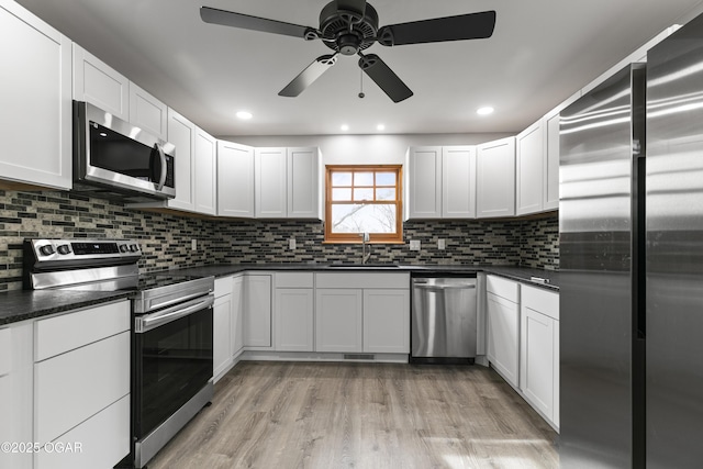 122 Valley View Dr, Joplin, MO 64804 - kitchen with light wood-style flooring, dark countertops, a ceiling fan, appliances with stainless steel finishes, and a sink