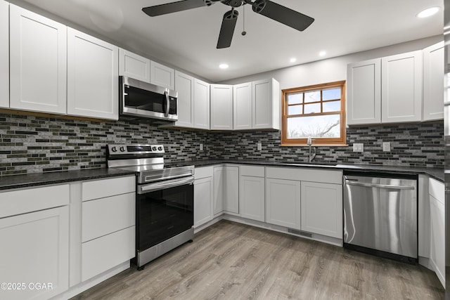 122 Valley View Dr, Joplin, MO 64804 - kitchen with light wood-style flooring, dark countertops, a ceiling fan, and appliances with stainless steel finishes