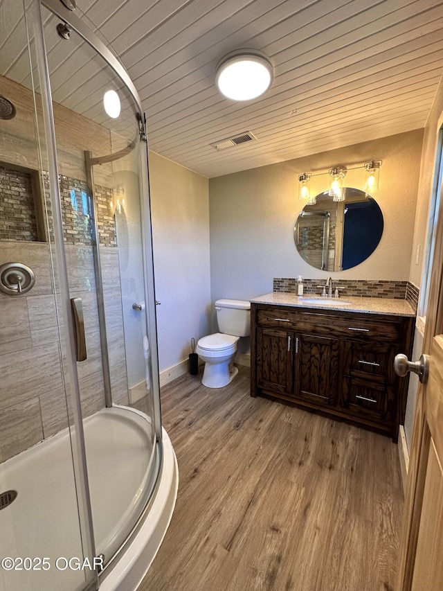 4595 County Road 10, Sarcoxie, MO 64862 - bathroom with wood finished floors, vanity, a stall shower, and wooden ceiling