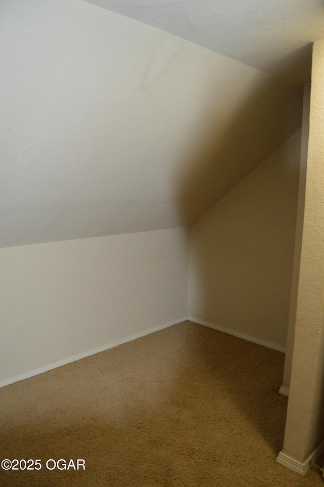 additional living space with carpet floors, baseboards, and vaulted ceiling