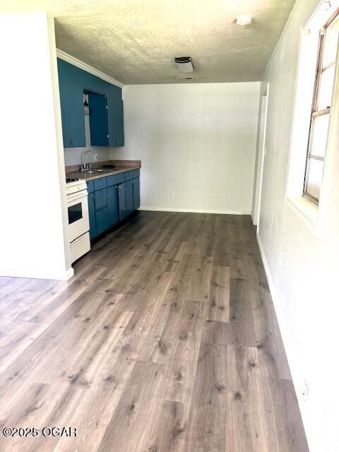 1530 S Oronogo St, Webb City, MO 64870 - kitchen featuring white range oven, blue cabinets, a sink, dark wood finished floors, and a textured ceiling