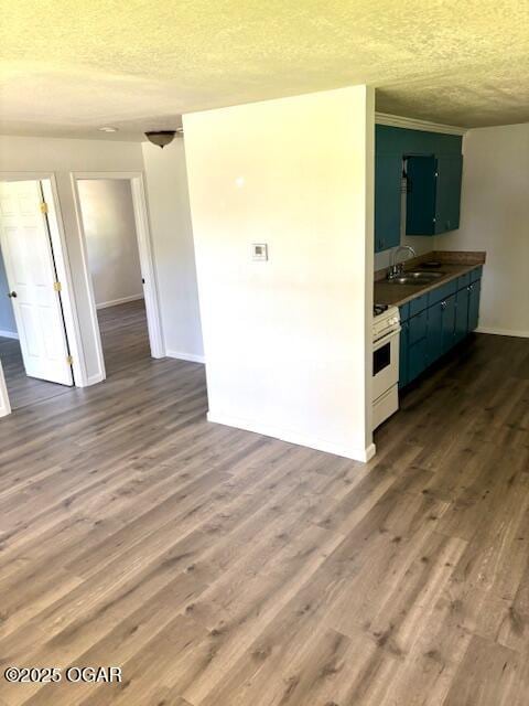 1530 S Oronogo St, Webb City, MO 64870 - kitchen with a textured ceiling, white range with gas stovetop, baseboards, a sink, and dark wood-style flooring