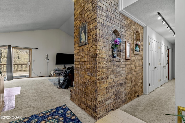 4427 Edgewood Cir, Loma Linda, MO 64804 - hallway featuring track lighting, brick wall, carpet flooring, a textured ceiling, and lofted ceiling