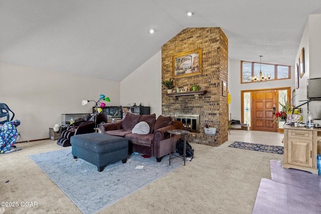 4427 Edgewood Cir, Loma Linda, MO 64804 - living room featuring light colored carpet, high vaulted ceiling, a brick fireplace, and an inviting chandelier