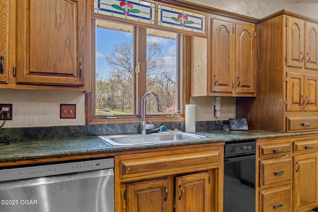4427 Edgewood Cir, Loma Linda, MO 64804 - kitchen featuring a sink, stainless steel dishwasher, dark countertops, and plenty of natural light