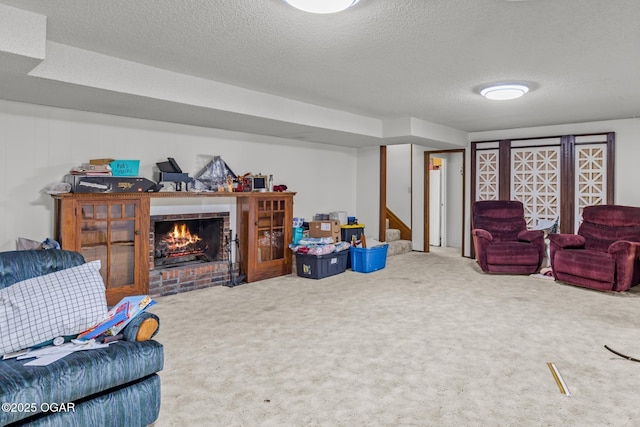 4427 Edgewood Cir, Loma Linda, MO 64804 - carpeted living area featuring a fireplace, stairway, and a textured ceiling