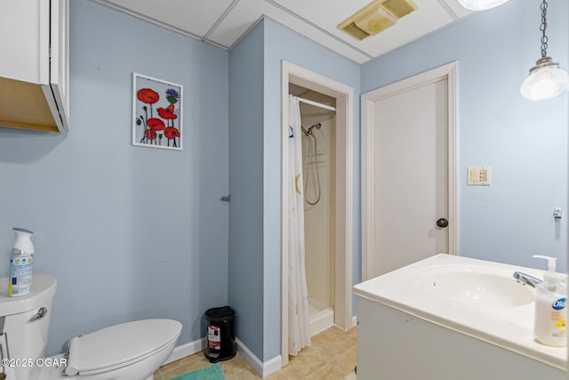 4427 Edgewood Cir, Loma Linda, MO 64804 - full bathroom featuring visible vents, toilet, vanity, tile patterned floors, and a stall shower