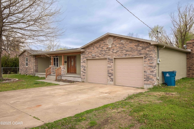 ranch-style house with stone siding, an attached garage, a front yard, driveway, and a porch