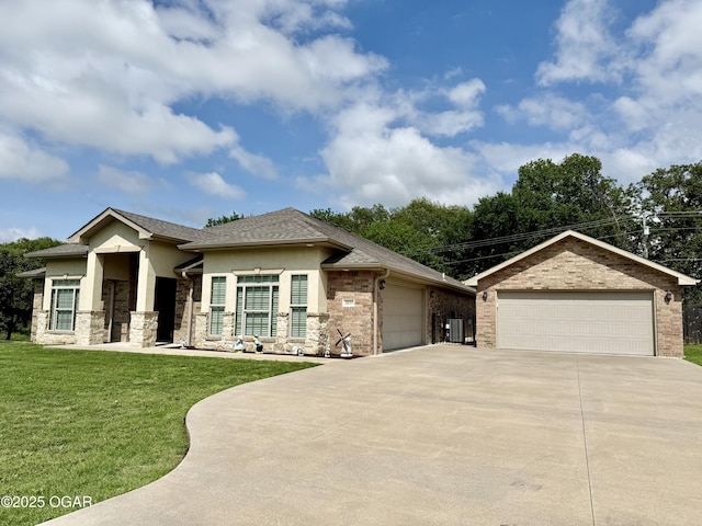 2035 Chickadee Dr, Webb City, MO 64870 - view of front of home with stucco siding, a front yard, concrete driveway, stone siding, and central air condition unit