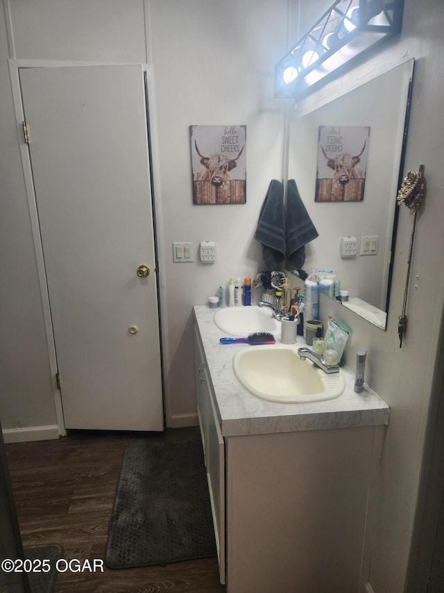 bathroom with vanity, baseboards, and wood finished floors
